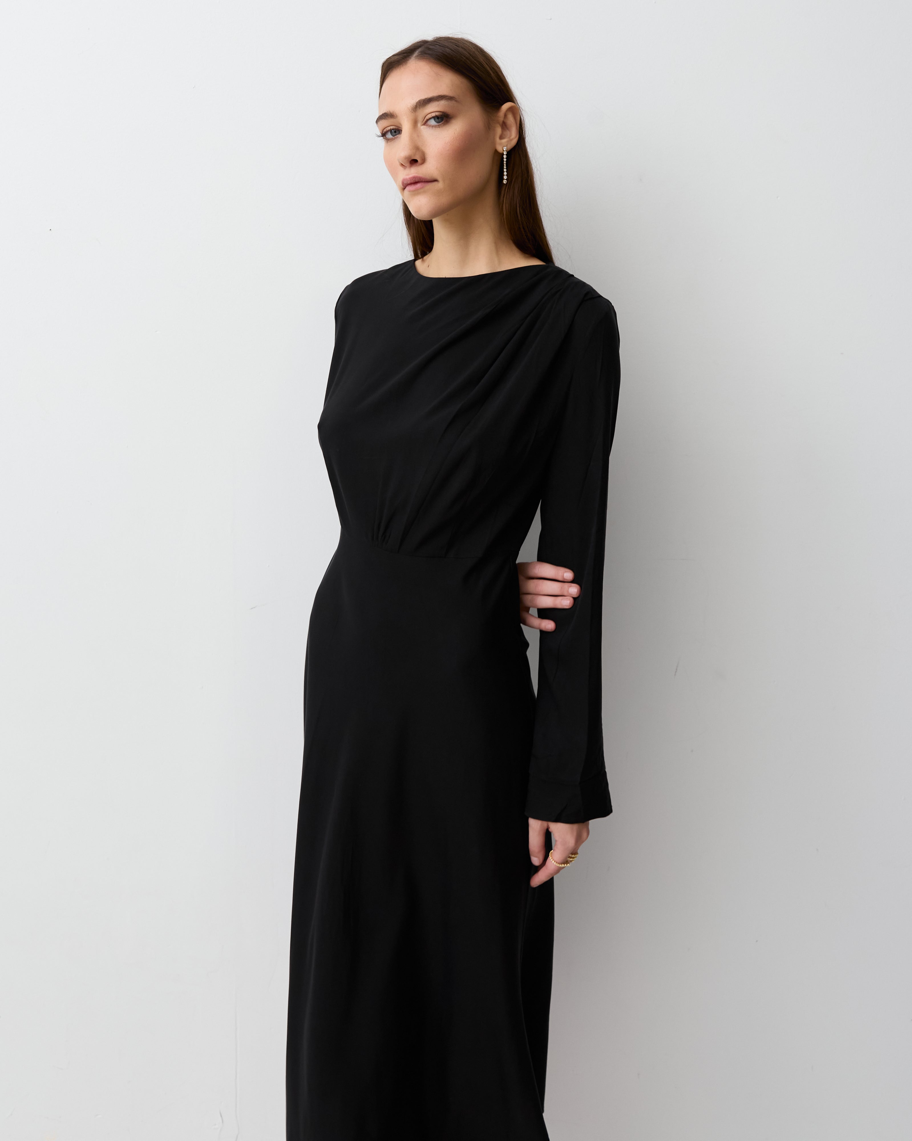 sachin and babi light blue dress THE LONG SLEEVE DRAPED DRESS- BLACK – THE CURATED