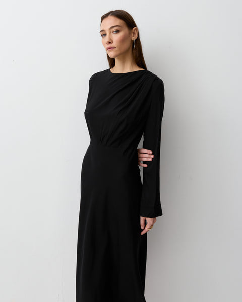 long sleeve draped black dress Fuchsia Fit & Flare Dress with Black Hem – E D I R A
